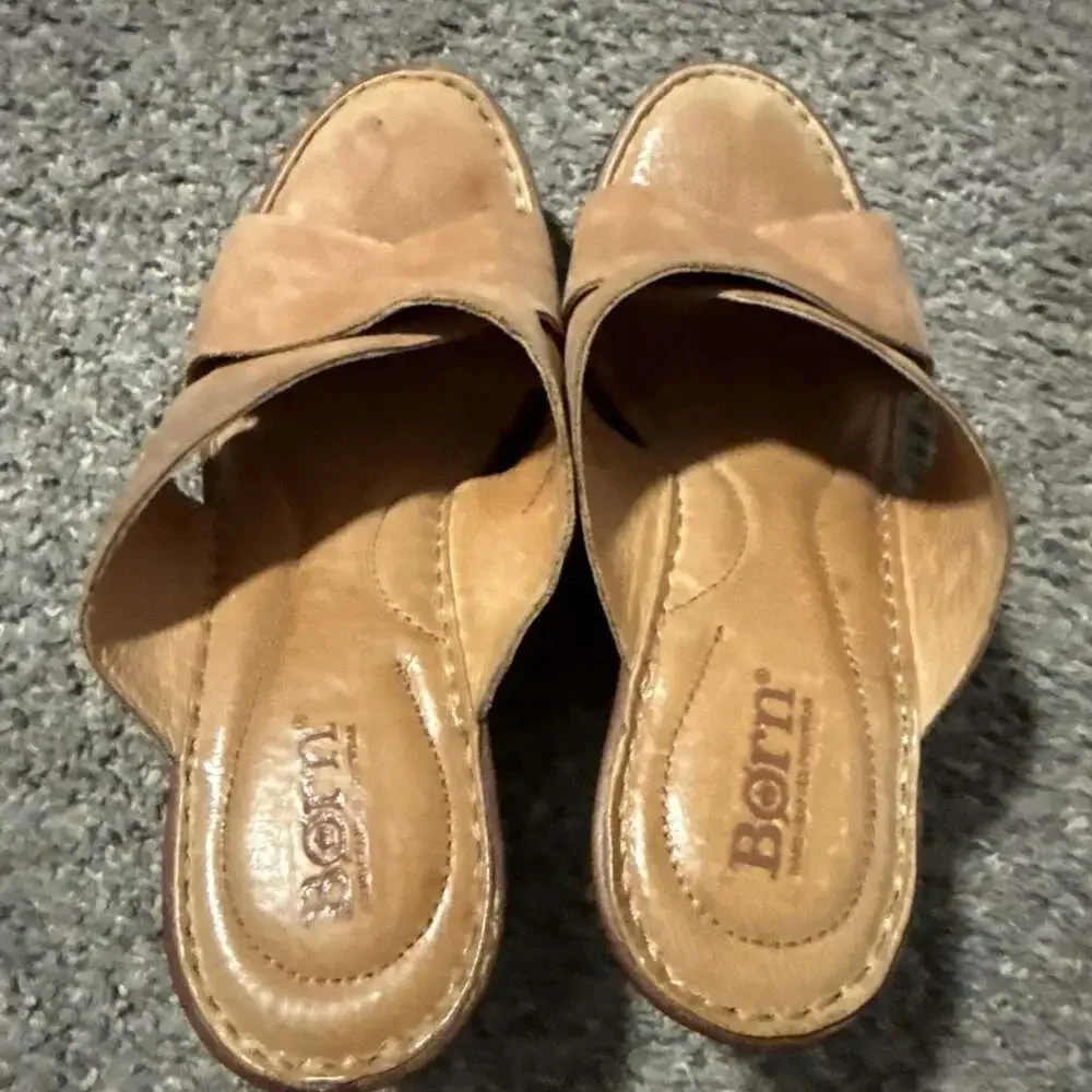 Born Women's Brown Leather Criss Cross Wedge Heel Slide Sandals 8